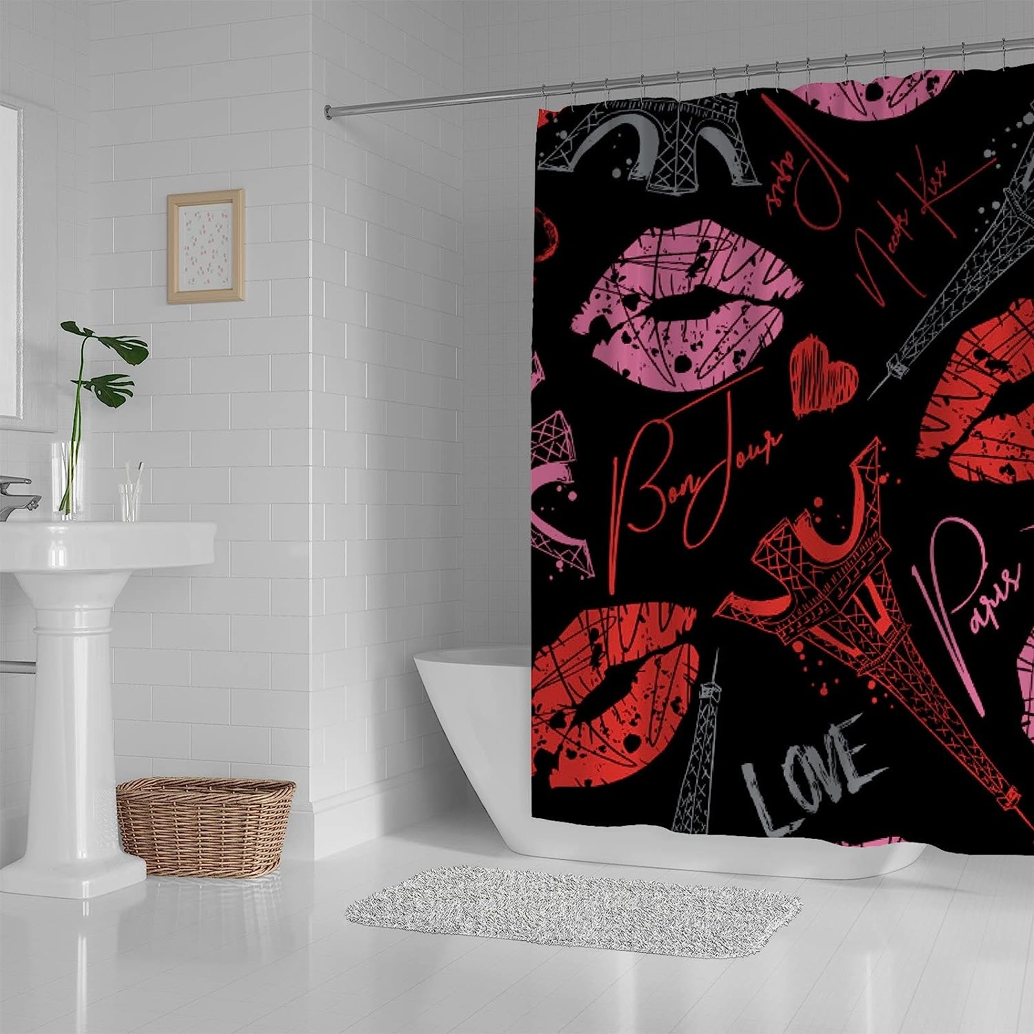 Eiffel Tower Hearts Shower Curtain, Sweet and Romantic Bathroom Accessory for Your Love-Inspired Bath