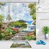 Eiffel Tower Landscape Shower Curtain With Waterfall And Mountains Design