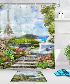 Eiffel Tower Landscape Shower Curtain With Waterfall And Mountains Design