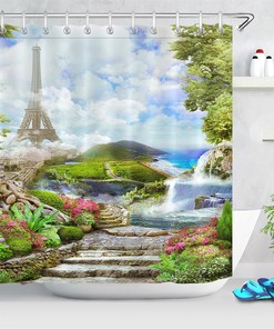 Eiffel Tower Landscape Shower Curtain With Waterfall And Mountains Design