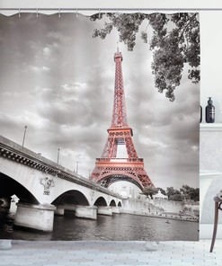 Eiffel Tower Monochrome Shower Curtain, Bridge City Cloudscape Print, Cloth Bathroom Decor