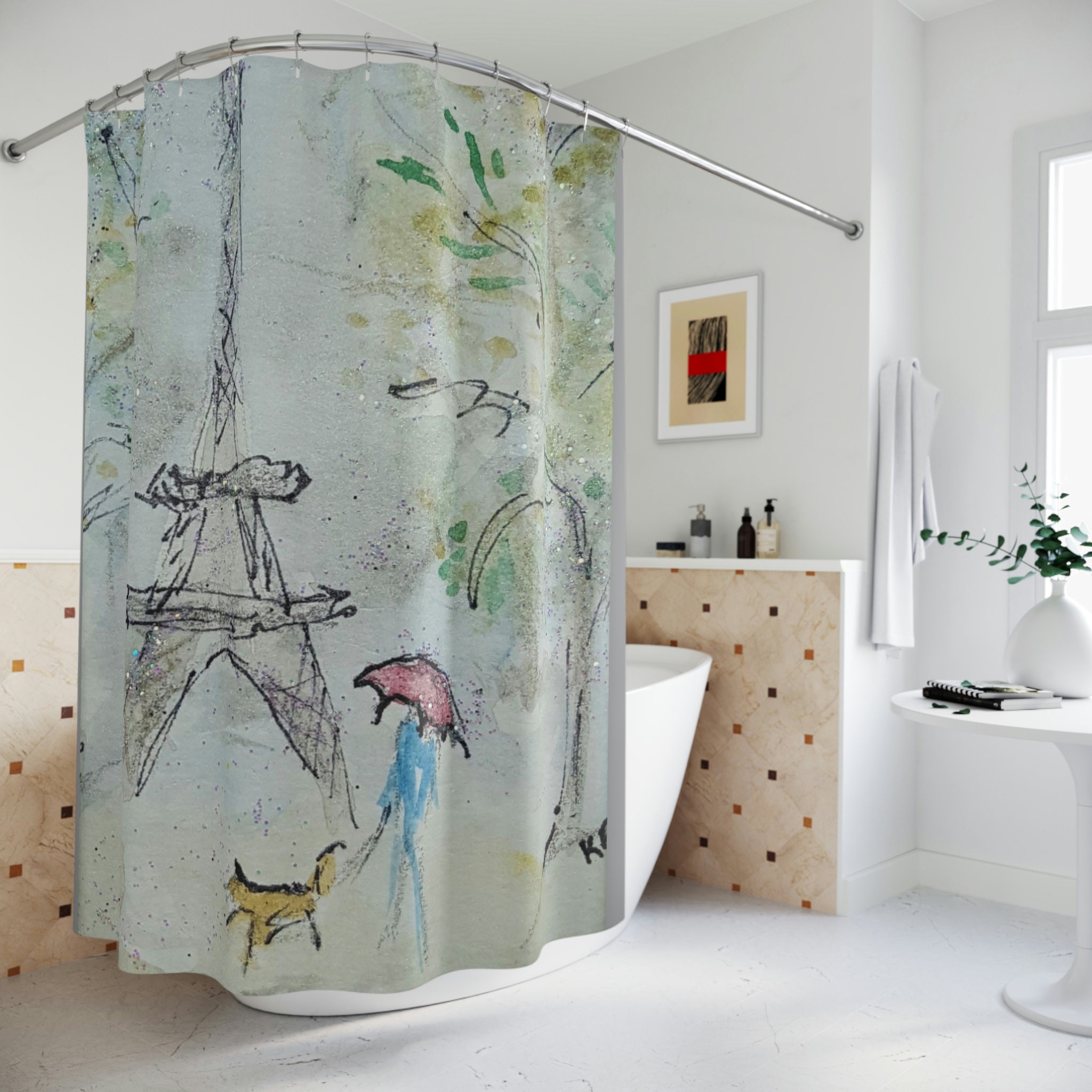 Eiffel Tower Painting Shower Curtain - Parisian Bathroom Decor