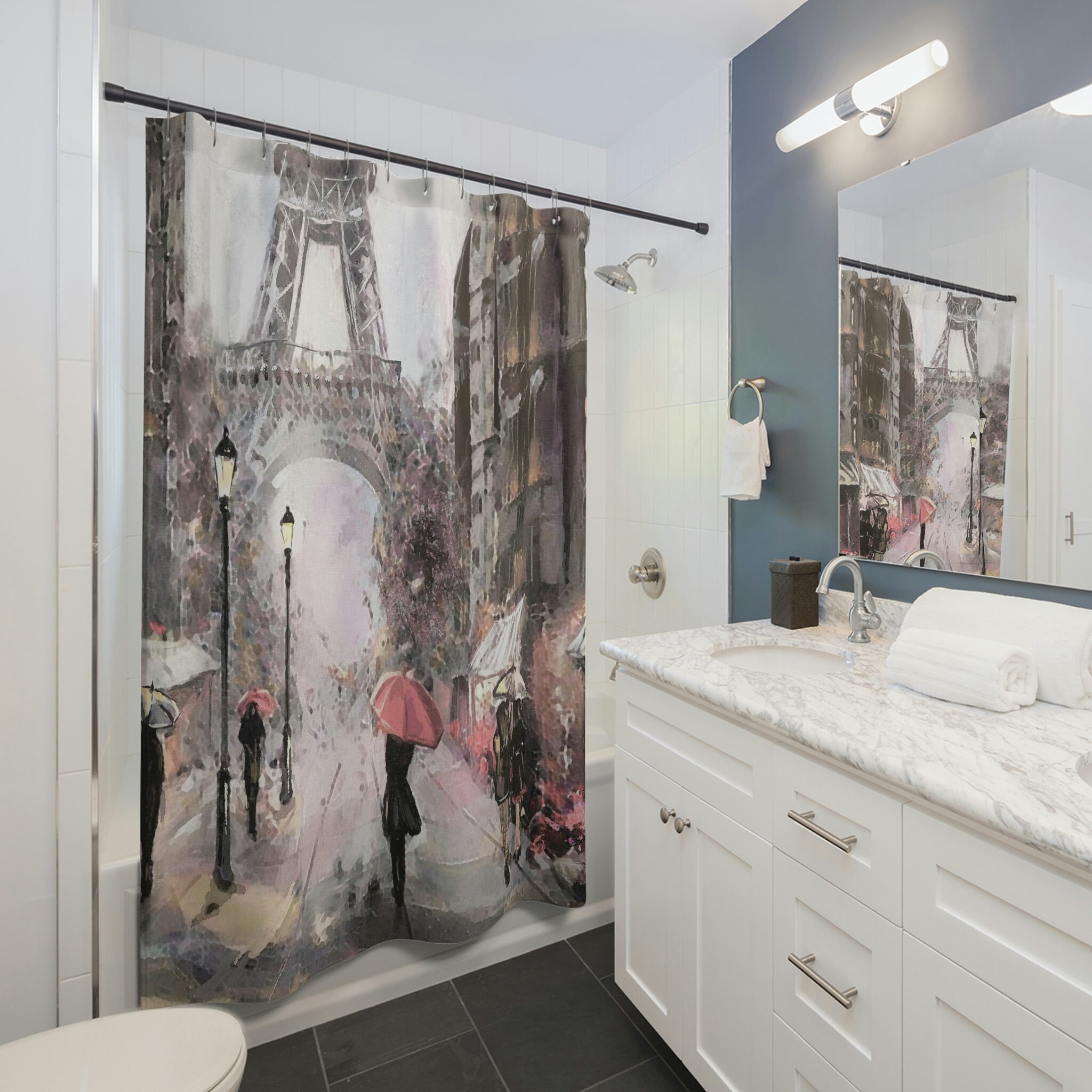 Eiffel Tower Personalized Abstract Painting Shower Curtain, Paris Fashion Bathroom Decor -