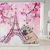 Eiffel Tower Pink Cherry Blossoms Flowers Shower Curtain, Cute Pug Dog Bathroom Decor - 