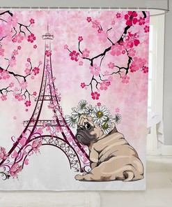 Eiffel Tower Pink Cherry Blossoms Flowers Shower Curtain, Cute Pug Dog Bathroom Decor - 