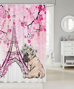 Eiffel Tower Pink Cherry Blossoms Flowers Shower Curtain, Cute Pug Dog Bathroom Decor -