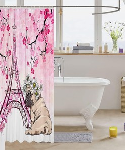 Eiffel Tower Pink Cherry Blossoms Flowers Shower Curtain, Cute Pug Dog Bathroom Decor - 