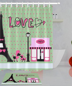 Eiffel Tower Pink Dogs and Love Hearts Shower Curtain for Bathroom Decor LB