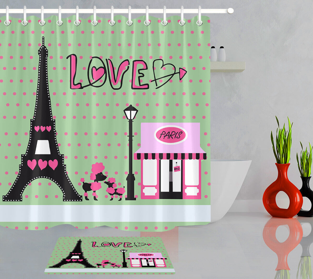 Eiffel Tower Pink Dogs and Love Hearts Shower Curtain for Bathroom Decor LB
