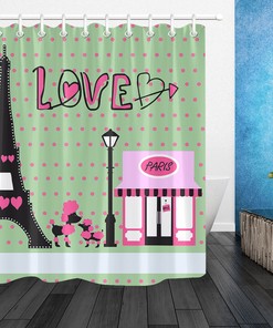 Eiffel Tower Pink Dogs and Love Hearts Shower Curtain for Bathroom Decor LB
