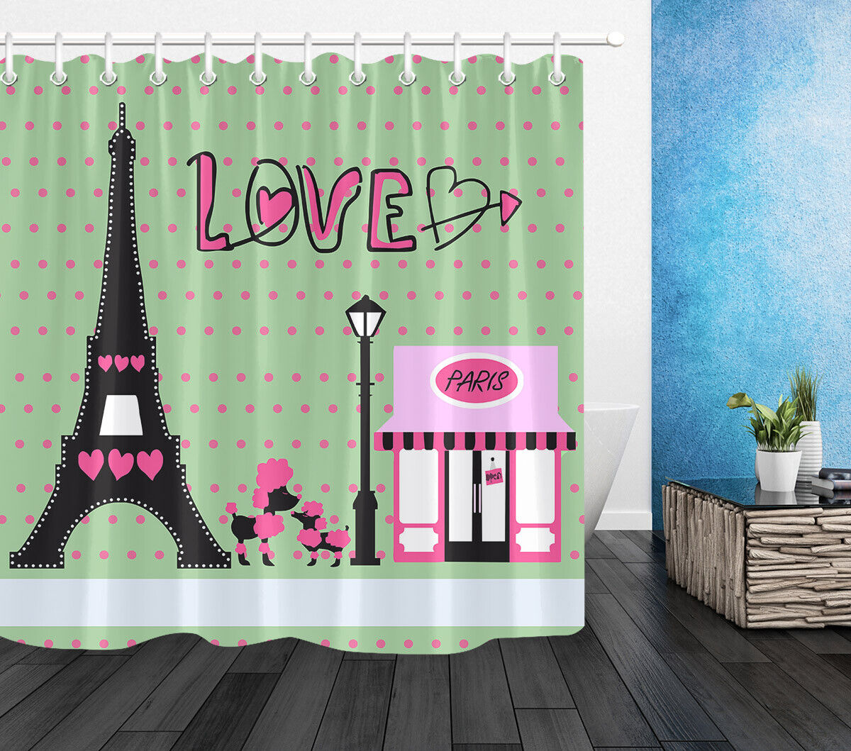 Eiffel Tower Pink Dogs and Love Hearts Shower Curtain for Bathroom Decor LB
