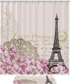 Eiffel Tower Pink Flower Waterproof Shower Curtain, Romantic Bathroom Curtain - 