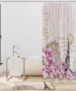Eiffel Tower Pink Flower Waterproof Shower Curtain, Romantic Bathroom Curtain -