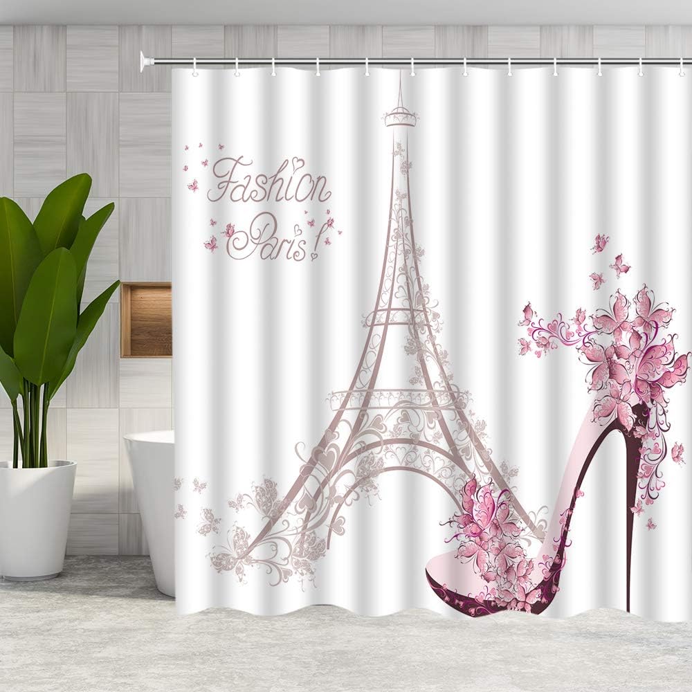 Eiffel Tower Pink High Heel Fashion Paris Bathroom Curtain Fabric Bathroom Accessories Shower Curtain