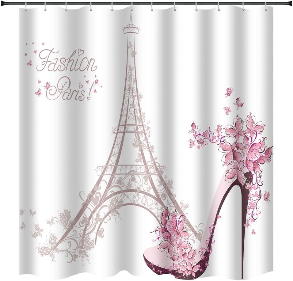Eiffel Tower Pink High Heel Fashion Paris Bathroom Curtain Fabric Bathroom Accessories Shower Curtain - Image 2