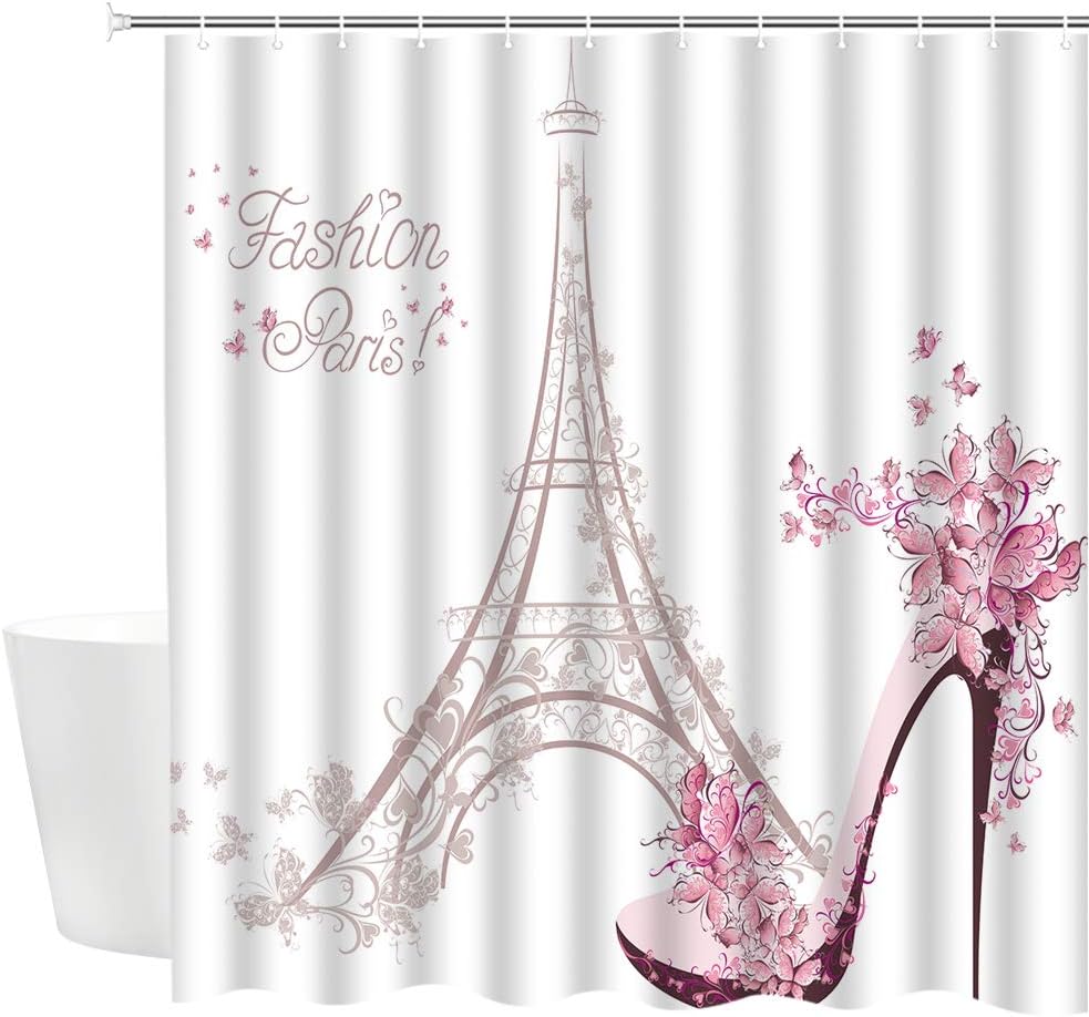 Eiffel Tower Pink High Heel Fashion Paris Bathroom Curtain Fabric Bathroom Accessories Shower Curtain - Image 3