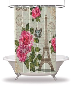 Eiffel Tower Postcard Printed Shower Curtain with Waterproof Button Hole Shower Drapes for Bathtub 