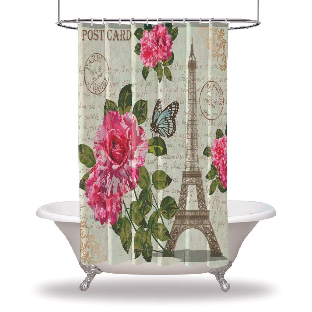Eiffel Tower Postcard Printed Shower Curtain with Waterproof Button Hole Shower Drapes for Bathtub