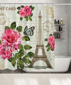 Eiffel Tower Postcard Printed Shower Curtain with Waterproof Button Hole Shower Drapes for Bathtub