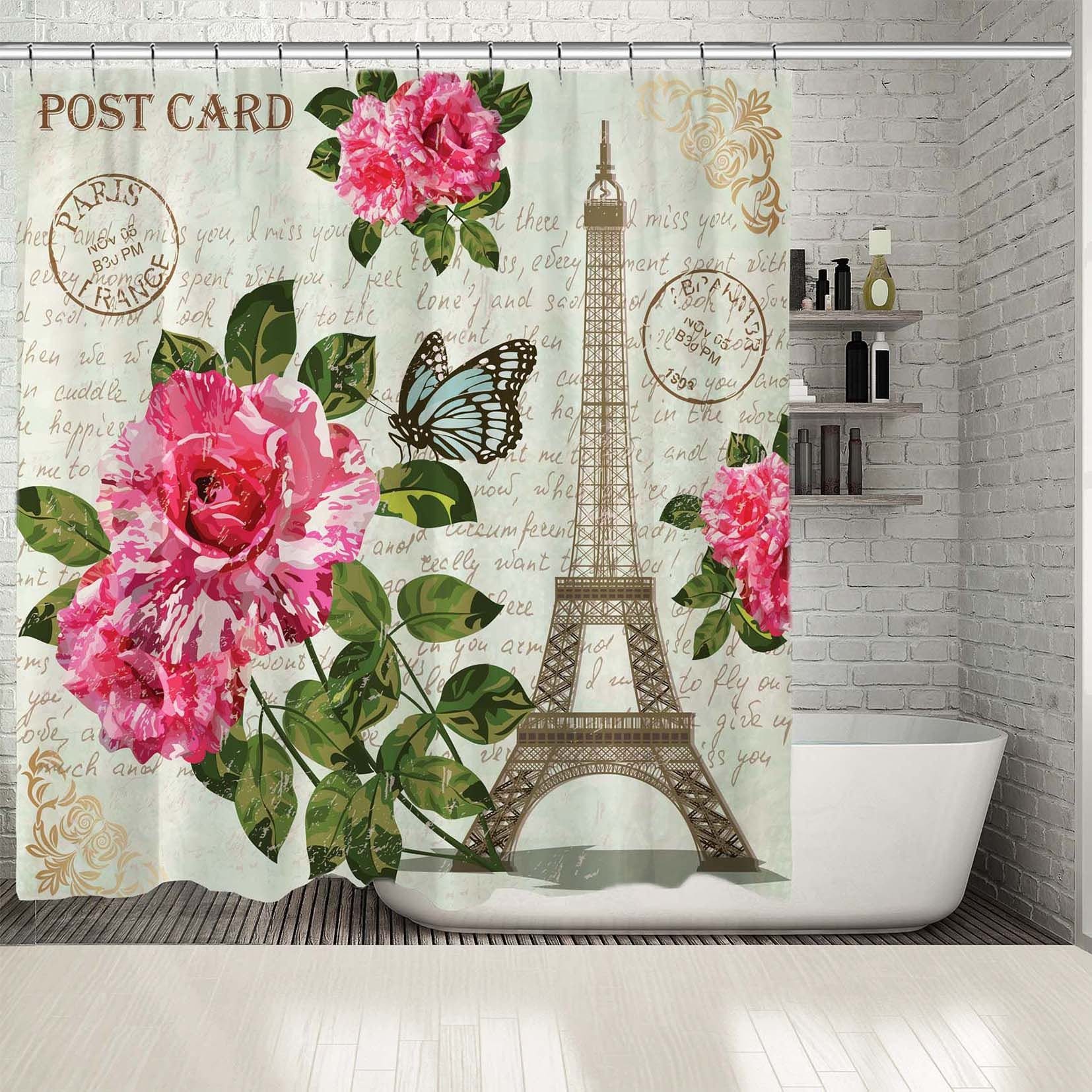 Eiffel Tower Postcard Printed Shower Curtain with Waterproof Button Hole Shower Drapes for Bathtub