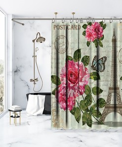 Eiffel Tower Postcard Printed Shower Curtain with Waterproof Button Hole Shower Drapes for Bathtub