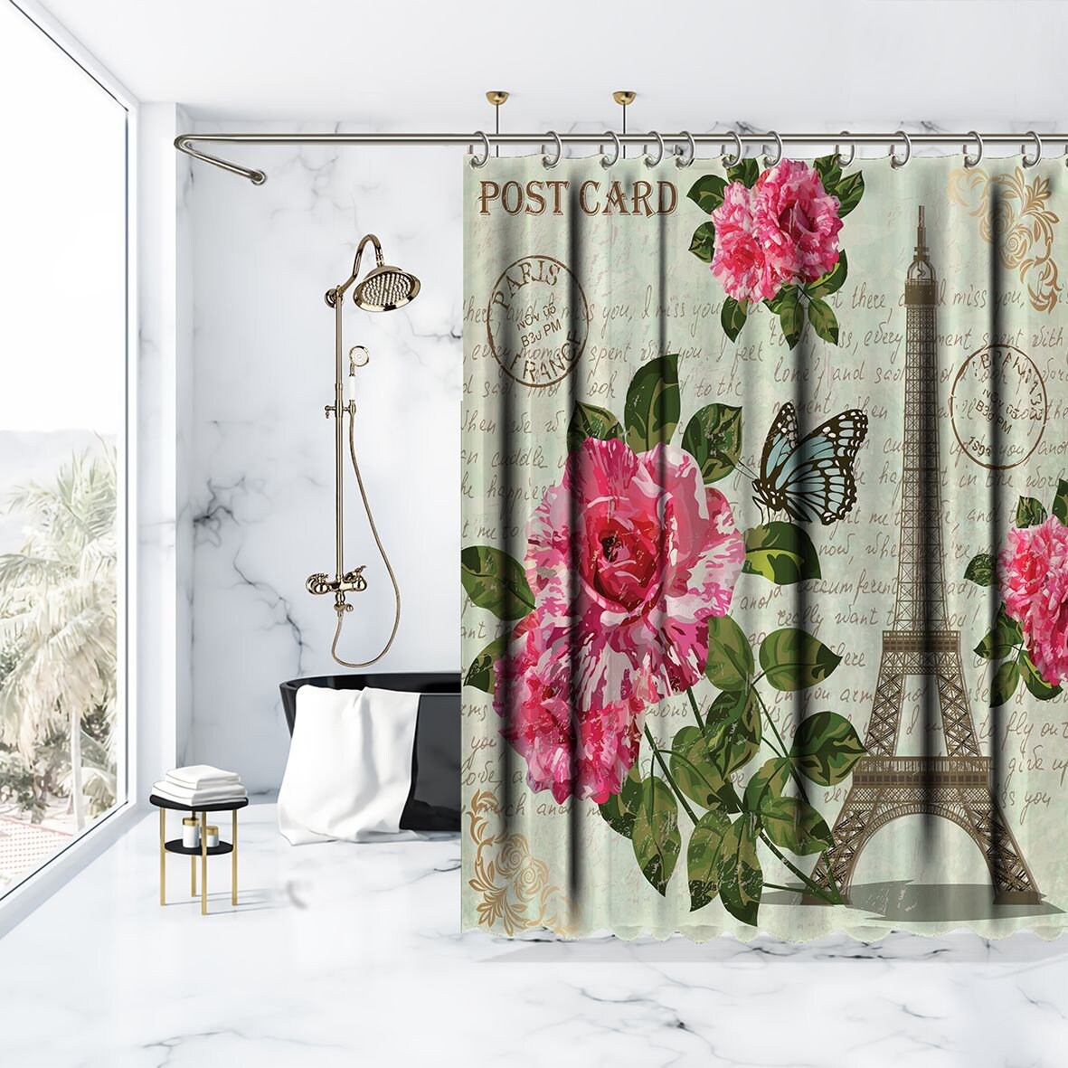 Eiffel Tower Postcard Printed Shower Curtain with Waterproof Button Hole Shower Drapes for Bathtub