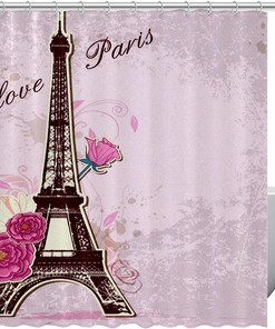 Eiffel Tower Rose Flower Love Paris Fabric Shower Curtain for Bathroom Decor