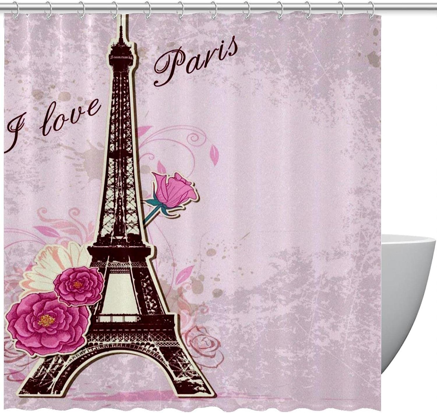 Eiffel Tower Rose Flower Love Paris Fabric Shower Curtain for Bathroom Decor