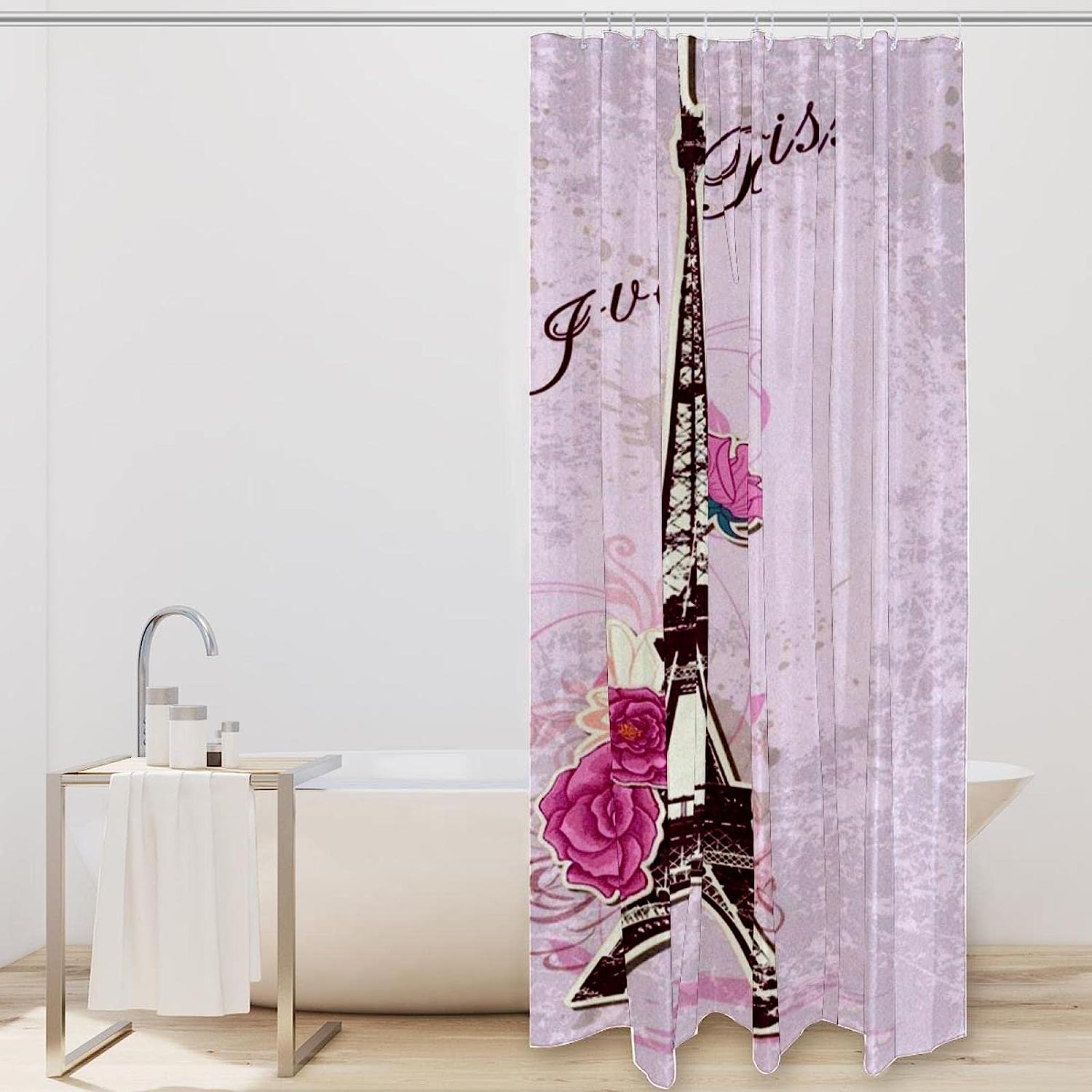 Eiffel Tower Rose Flower Love Paris Fabric Shower Curtain for Bathroom Decor