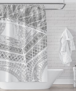 Eiffel Tower Shower Curtain, Art Print Gray Black White Silky Fabric Paris Architecture - 