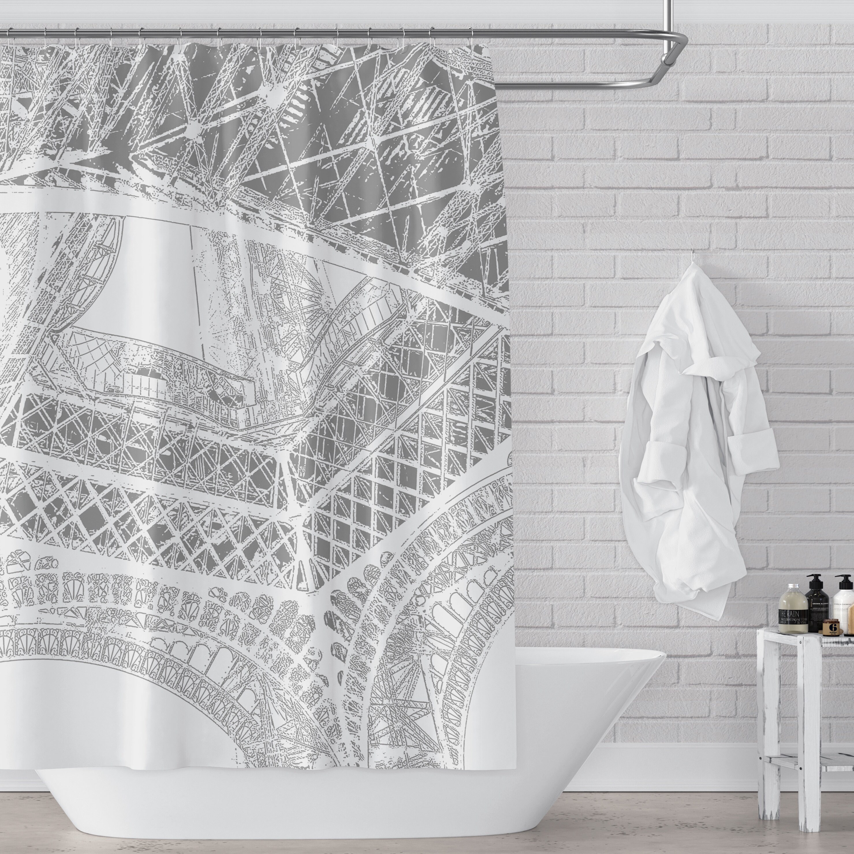 Eiffel Tower Shower Curtain, Art Print Gray Black White Silky Fabric Paris Architecture -
