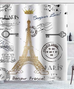 Eiffel Tower Shower Curtain - Gold Glitter Paris Postcards Vintage Bathroom Decor