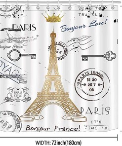 Eiffel Tower Shower Curtain - Gold Glitter Paris Postcards Vintage Bathroom Decor