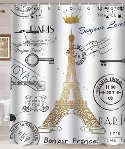 Eiffel Tower Shower Curtain - Gold Glitter Paris Postcards Vintage Bathroom Decor
