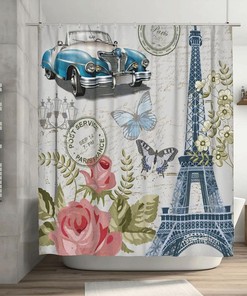 Eiffel Tower Shower Curtain Vintage Paris Decor, Butterfly Car Street Lamp Fabric Waterproof Curtain 