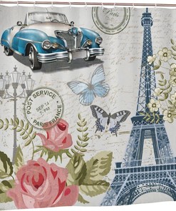 Eiffel Tower Shower Curtain Vintage Paris Decor, Butterfly Car Street Lamp Fabric Waterproof Curtain