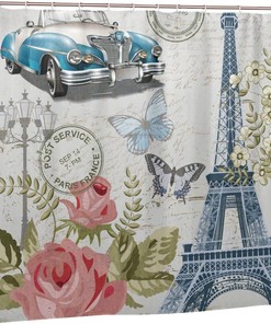 Eiffel Tower Shower Curtain Vintage Paris Decor, Butterfly Car Street Lamp Fabric Waterproof Curtain 