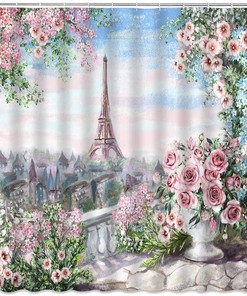 Eiffel Tower Shower Curtain Watercolor Floral Scenery Bathroom Fabric
