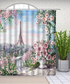 Eiffel Tower Shower Curtain Watercolor Floral Scenery Bathroom Fabric