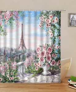 Eiffel Tower Shower Curtain Watercolor Floral Scenery Bathroom Fabric
