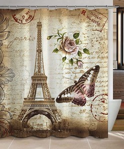 Eiffel Tower Shower CurtainButterfly and Flower Pale Brown Bathroom Curtain with Paris Theme