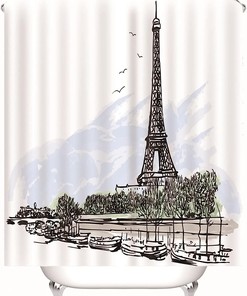 Eiffel Tower Sketch Black & White College Waterproof Fabric Shower Curtain