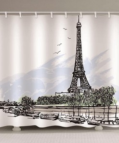 Eiffel Tower Sketch Black & White College Waterproof Fabric Shower Curtain