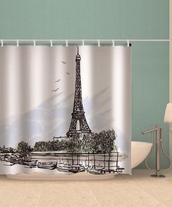 Eiffel Tower Sketch Black & White College Waterproof Fabric Shower Curtain