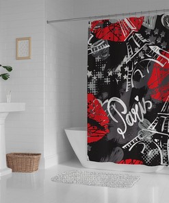 Eiffel Tower Sketch Lips Shower Curtain, Fun and Playful Bathroom Accessory for Your Love-Inspired Bath
