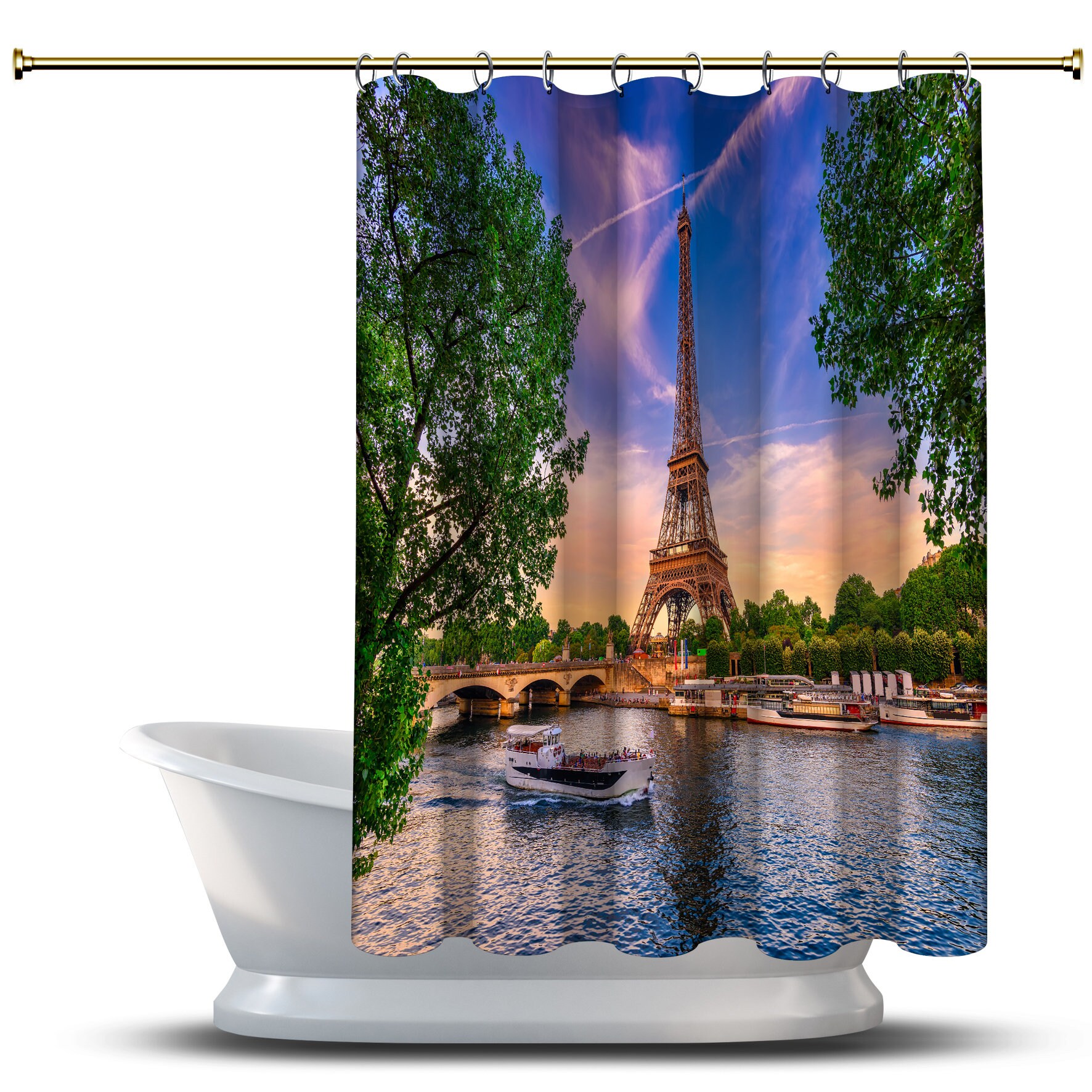 Eiffel Tower Sunset Scenery Shower Curtain - Waterproof and Multidimensional Decoration for Your Bathroom