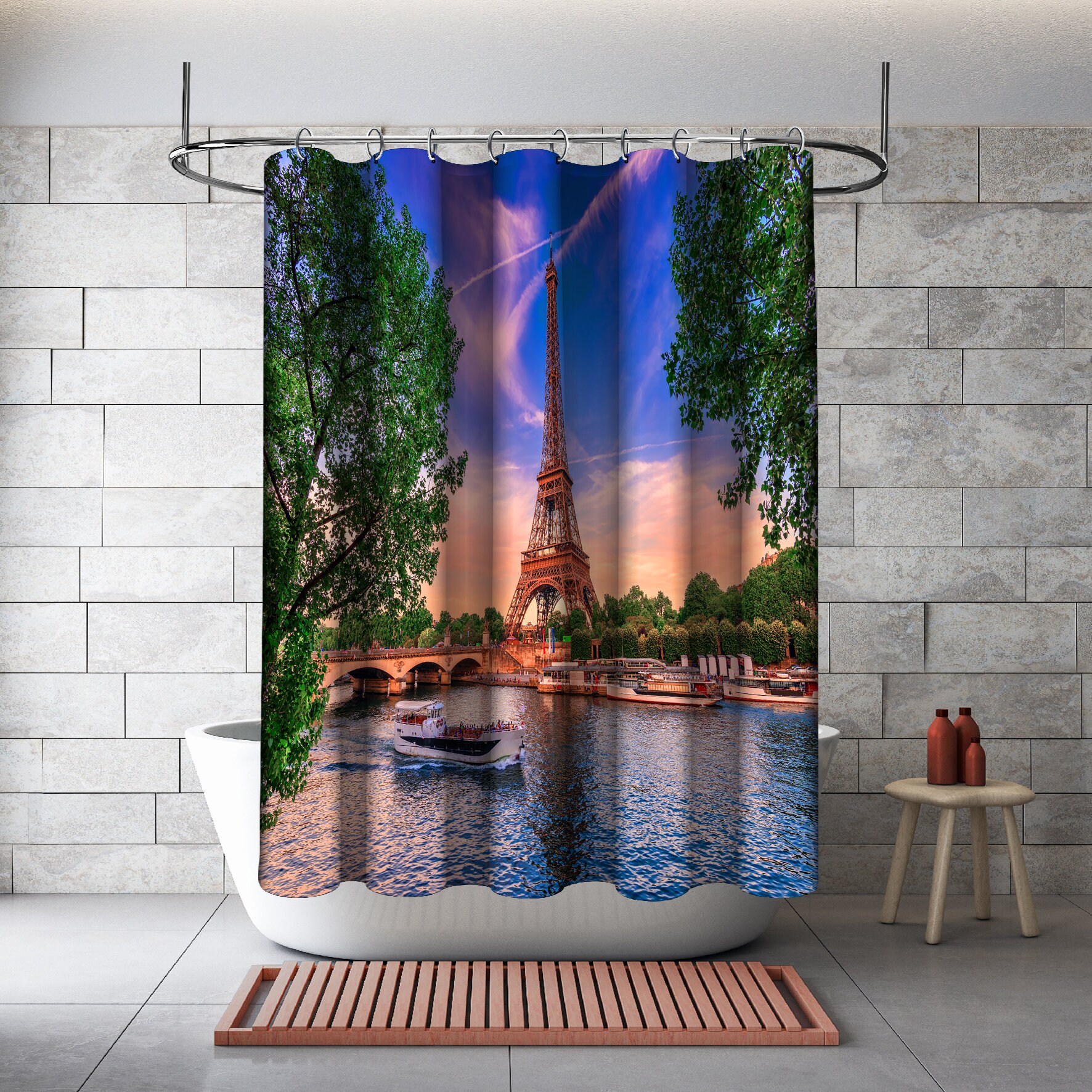 Eiffel Tower Sunset Scenery Shower Curtain - Waterproof and Multidimensional Decoration for Your Bathroom