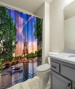 Eiffel Tower Sunset Scenery Shower Curtain - Waterproof and Multidimensional Decoration for Your Bathroom