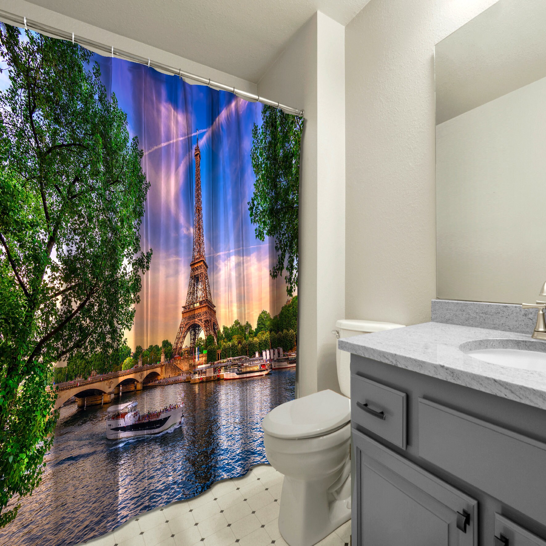 Eiffel Tower Sunset Scenery Shower Curtain - Waterproof and Multidimensional Decoration for Your Bathroom