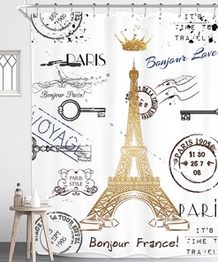 Eiffel Tower Theme Shower Curtain For Bathroom With Golden Lettering European France Crown Post Card Retro